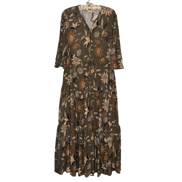 Women's Spartina Dress Floral 2XL XXL Brown 3/4 Sleeve Tiered Button Midi Maxi - Picture 2 of 8